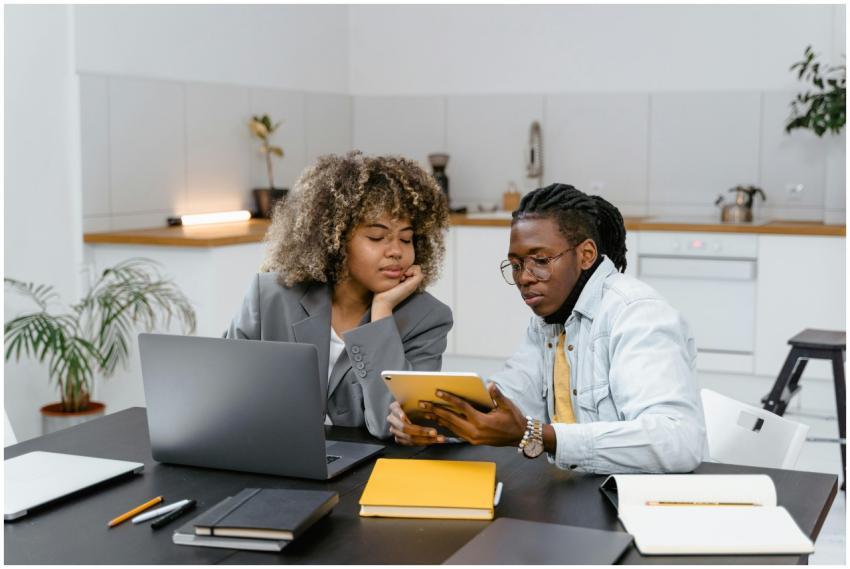 Two individuals engaged in a meeting, using laptop