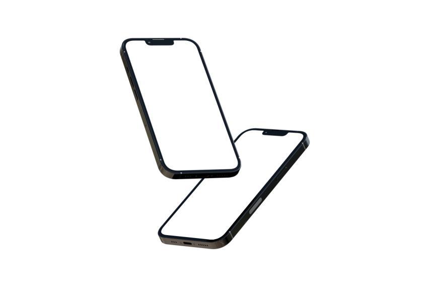 Two sleek smartphones with blank screens floating