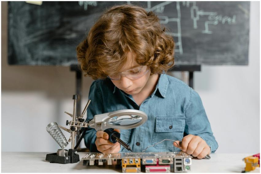 Young boy diligently working on a circuit board, e