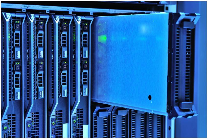 Detailed view of server racks with glowing lights