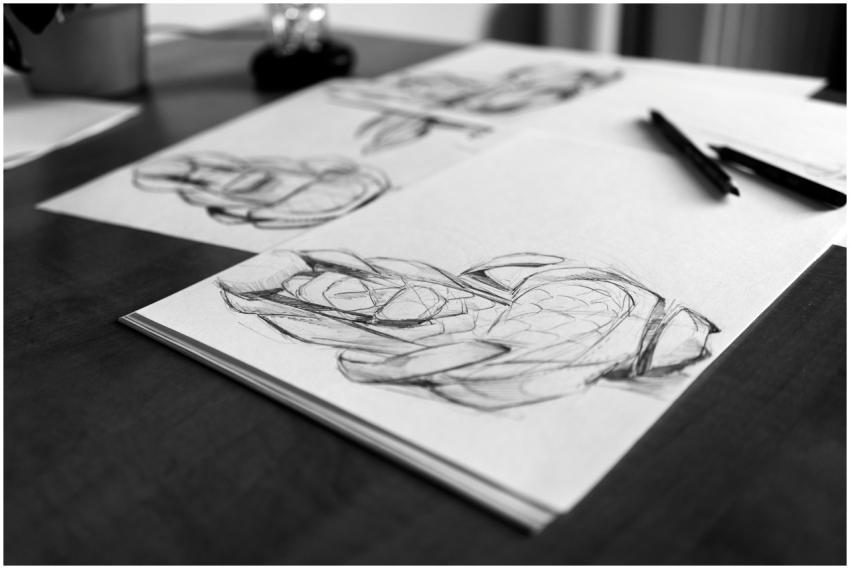 Monochrome image showcasing artistic sketches on p