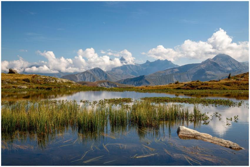 A tranquil mountain lake with clear skies and stun