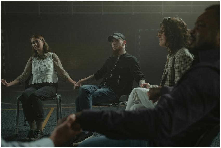 People in a support group session holding hands, s