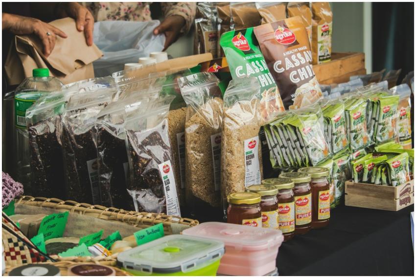 An assortment of packaged foods displayed on a mar
