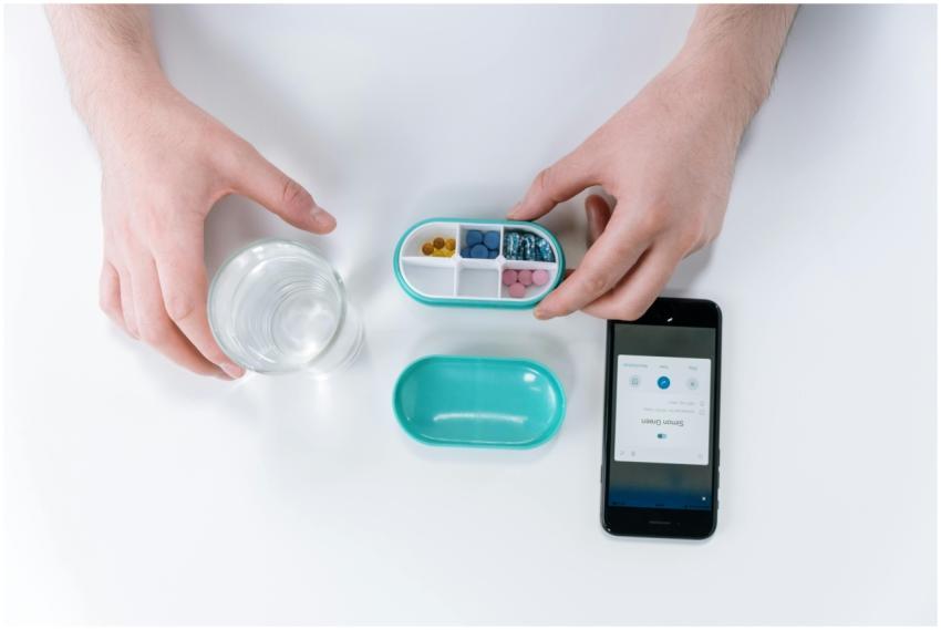 Overhead view of hands using a smartphone app and