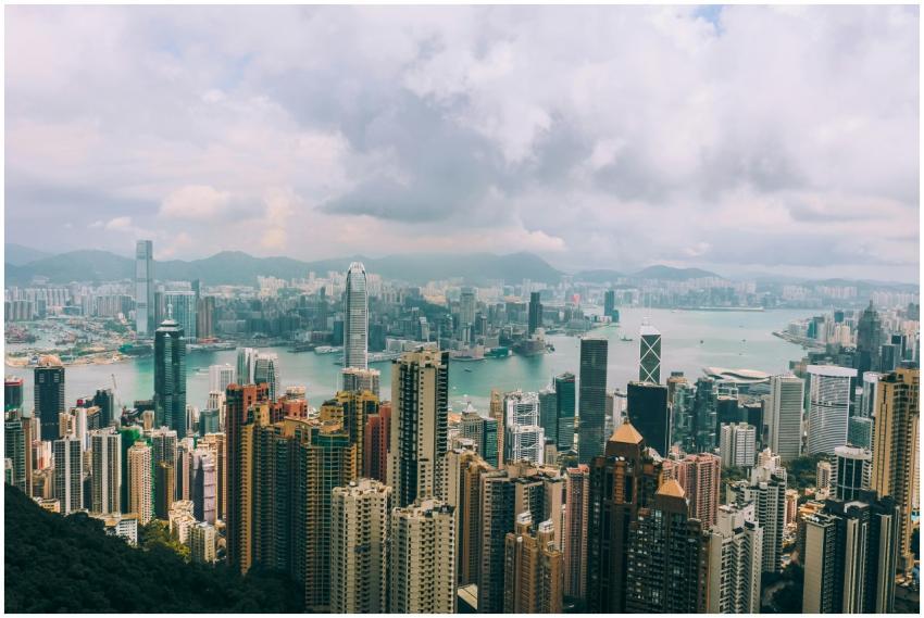 Panoramic view of Hong Kong skyline with skyscrape