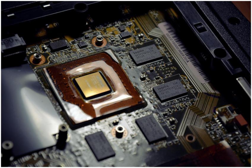 Detailed view of computer processor on motherboard