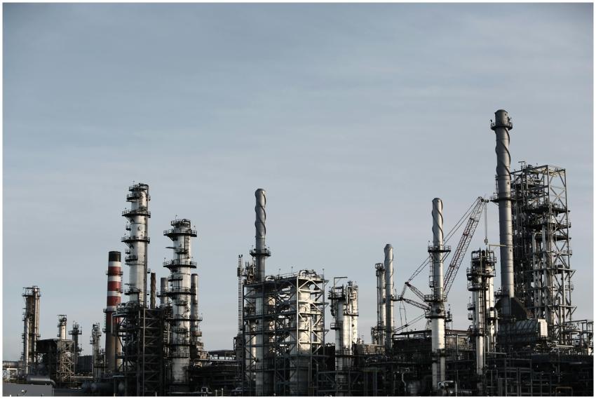 Skyline view of an industrial factory with tall ch