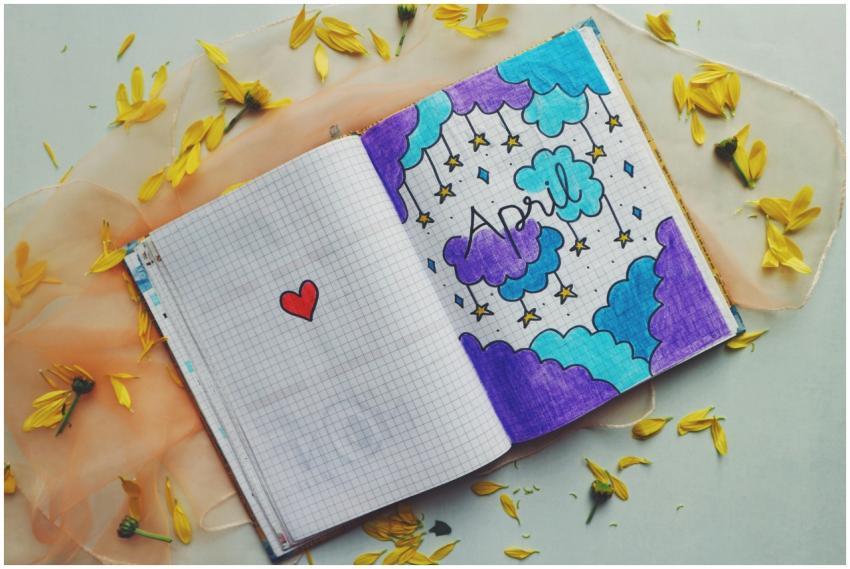 Artistic notebook page with April doodle surrounde