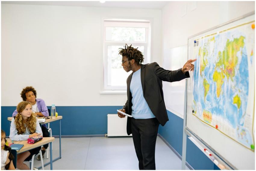 Teacher explaining geography to diverse students i