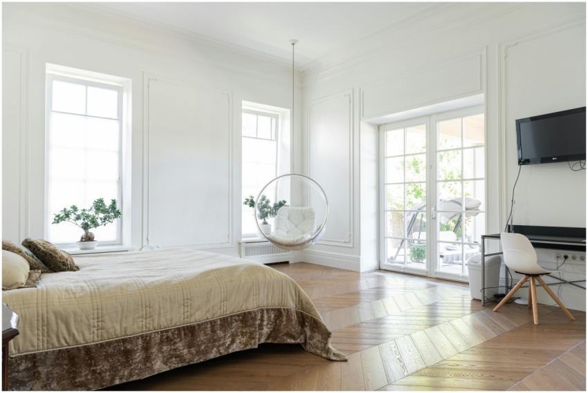 Spacious modern bedroom with wooden floors, elegan