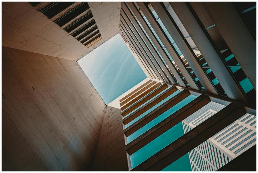 Low angle view of a modern building structure with