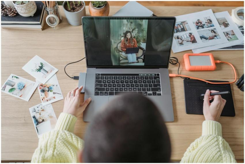 Overhead view of a creative workspace featuring a