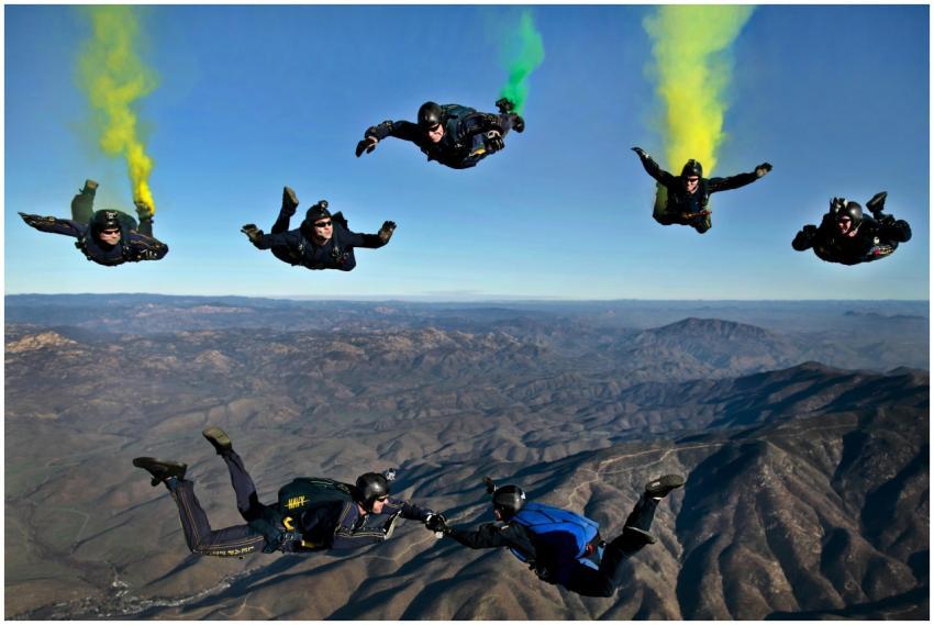 Dynamic aerial shot of skydivers performing stunts