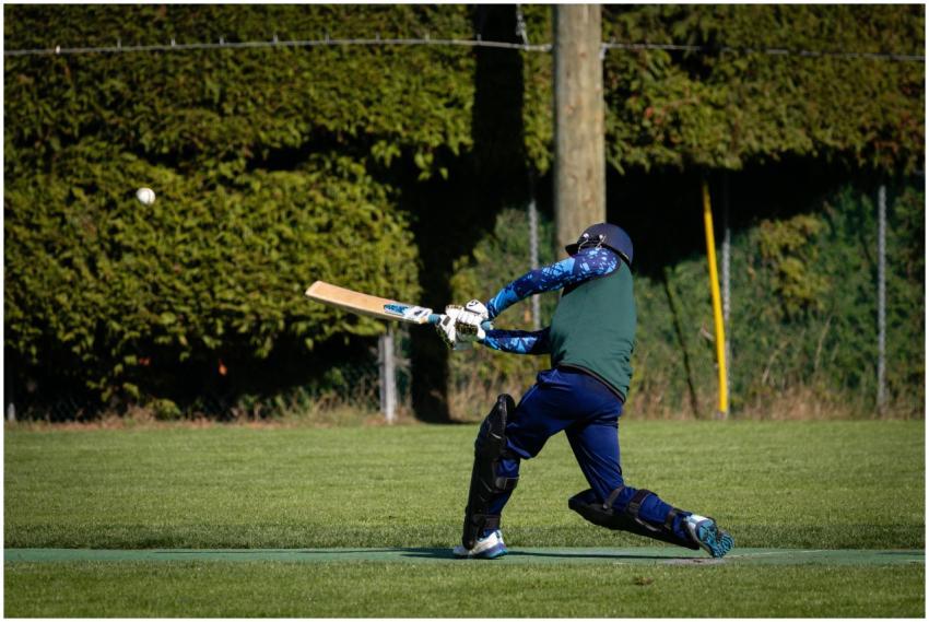 Cricketer in action, hitting the ball on a sunny d