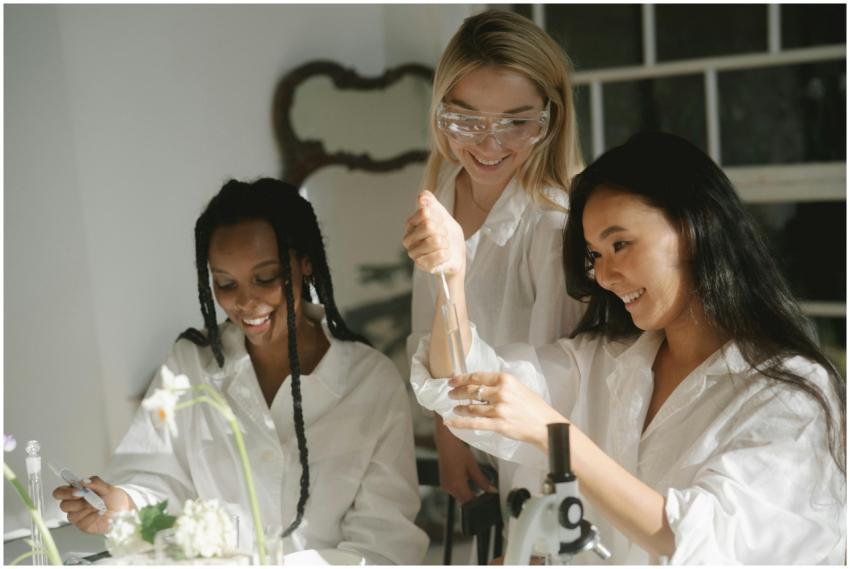 Three women engaging in a science experiment with