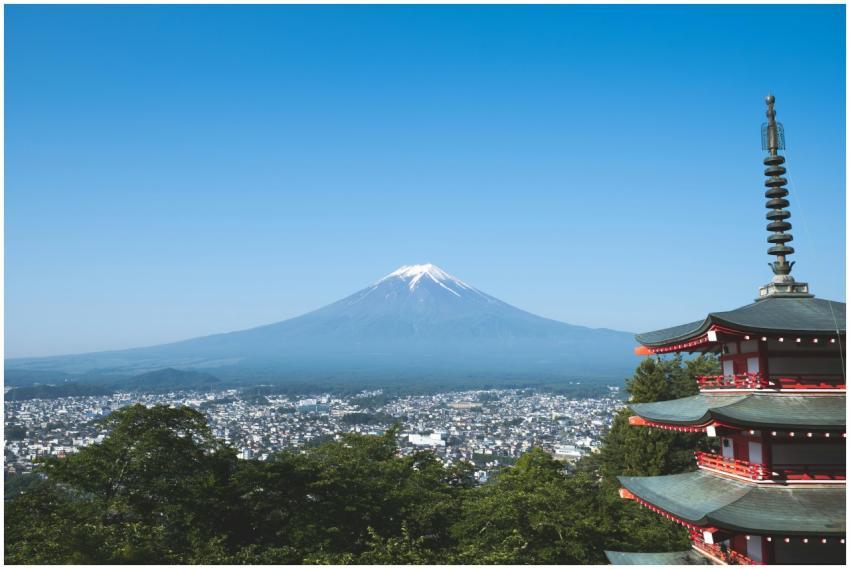 Iconic view of Mount Fuji with Chureito Pagoda in