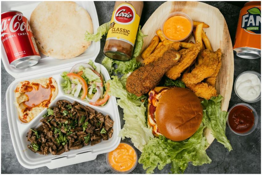 Appetizing assortment of fast food including burge