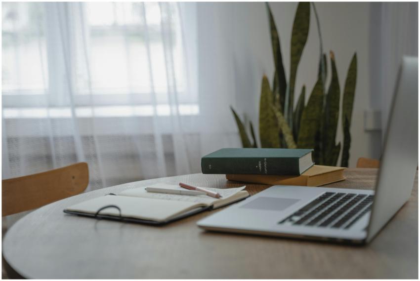 A tranquil indoor workspace featuring a laptop, bo