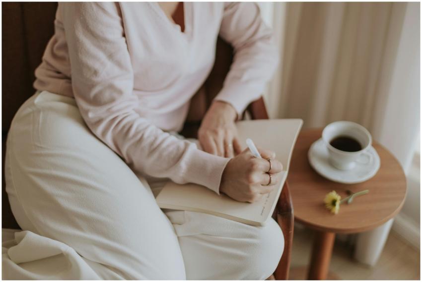 A person journaling in a cozy room with a cup of c