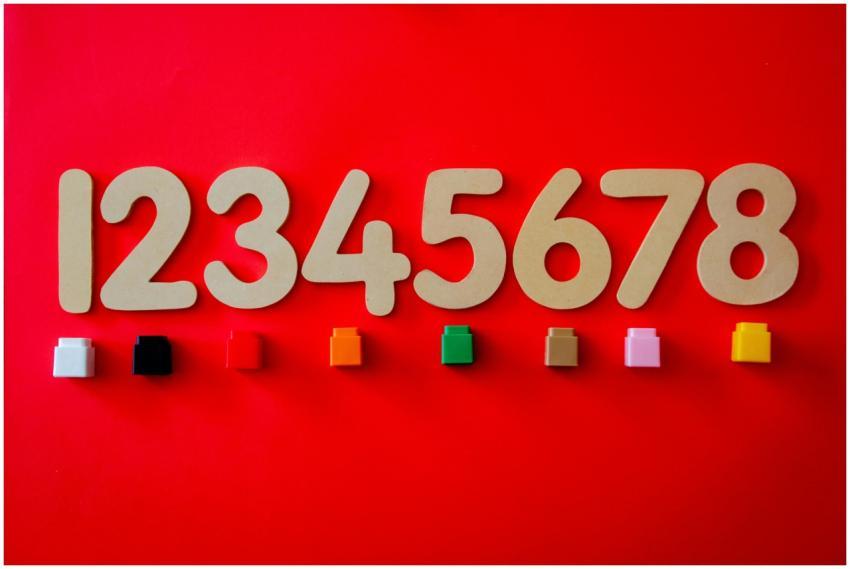 Bold numbers and colorful blocks on a vibrant red