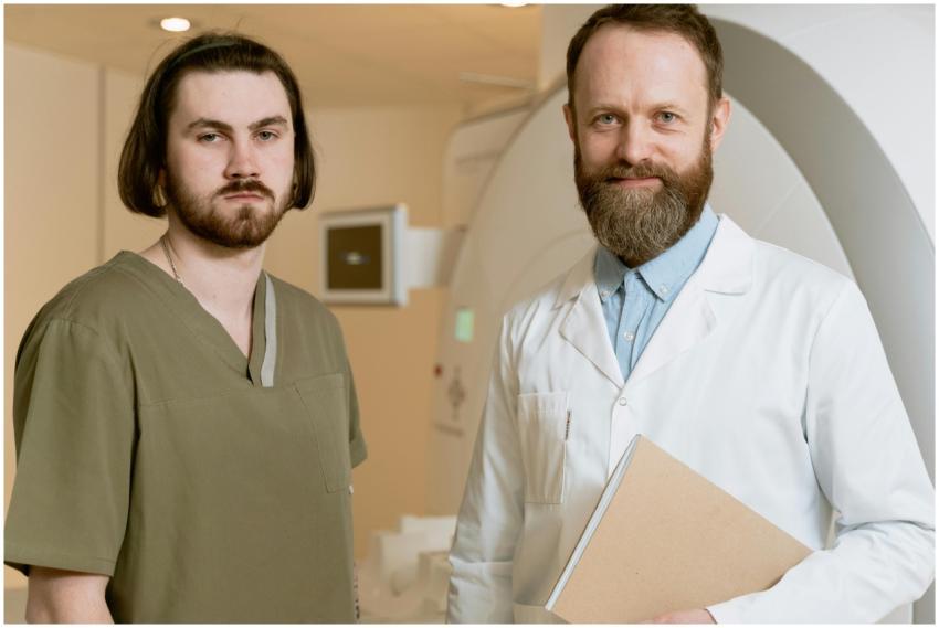 Two male radiologists standing in a medical facili