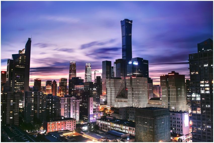 Explore the vibrant skyline of Beijing as twilight
