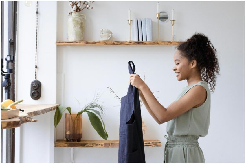 Young woman selects apron in a modern, minimalist