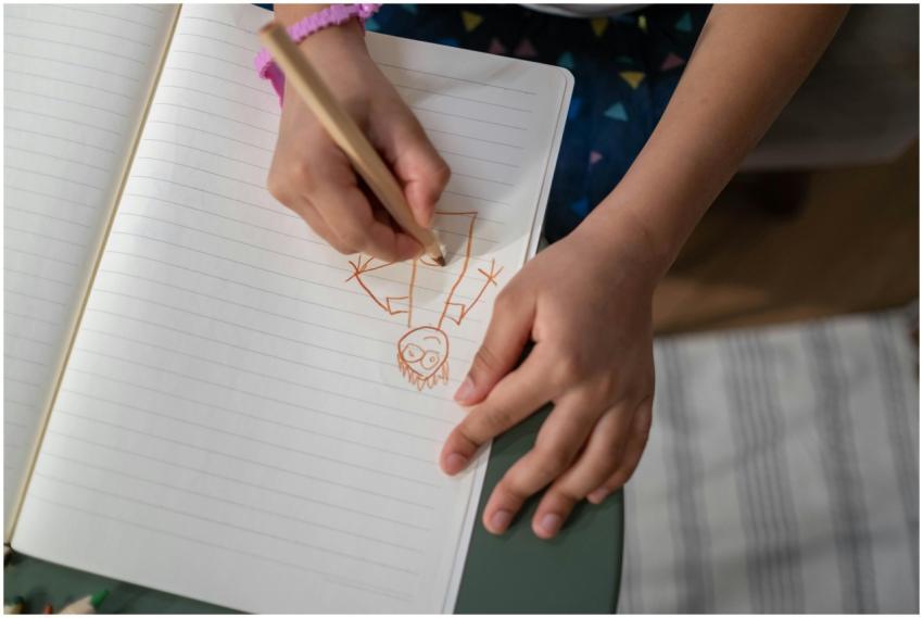 Close-up of a child's hands drawing in a notebook