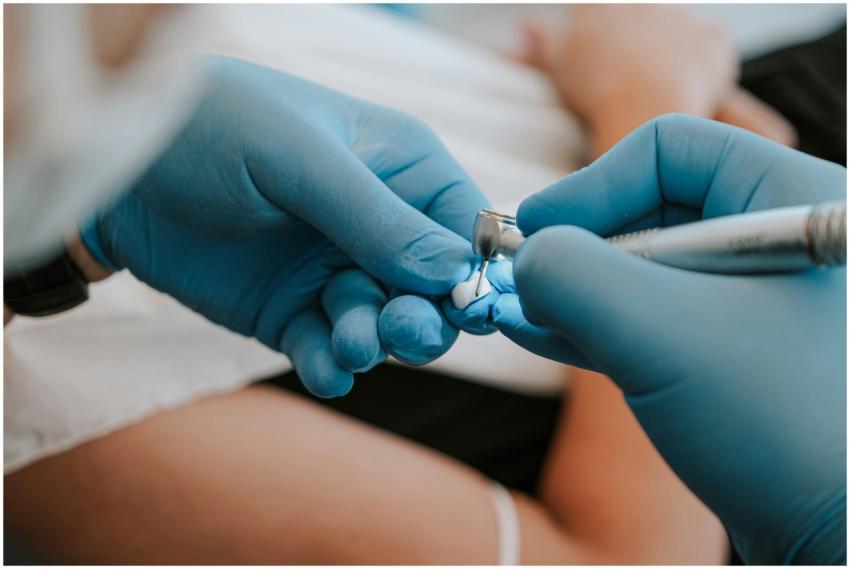 Close-up of a dental procedure with tools in an An