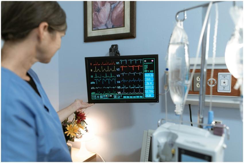 A nurse in blue scrubs examines a medical monitor