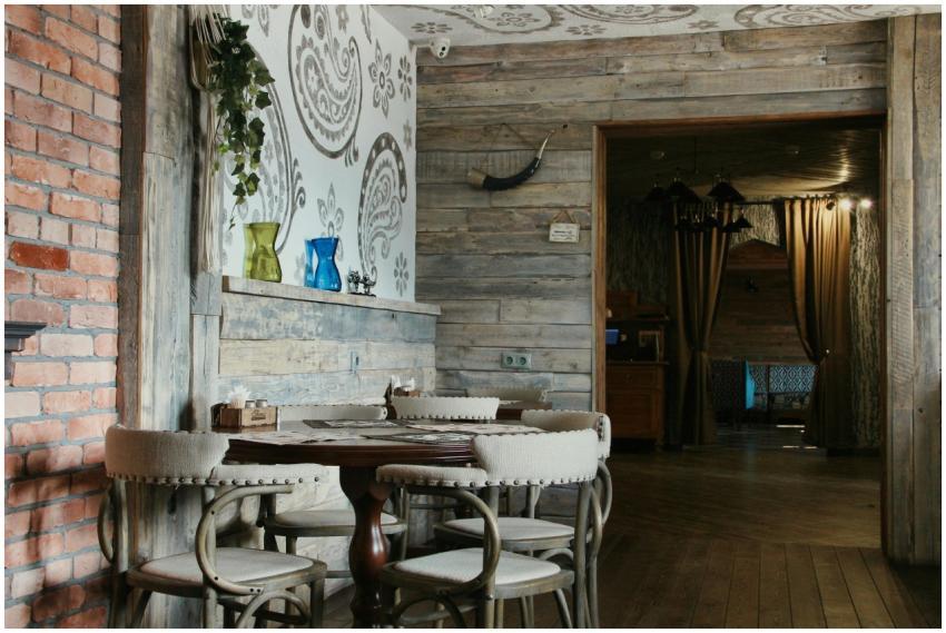 Cozy rustic restaurant scene with wooden decor and