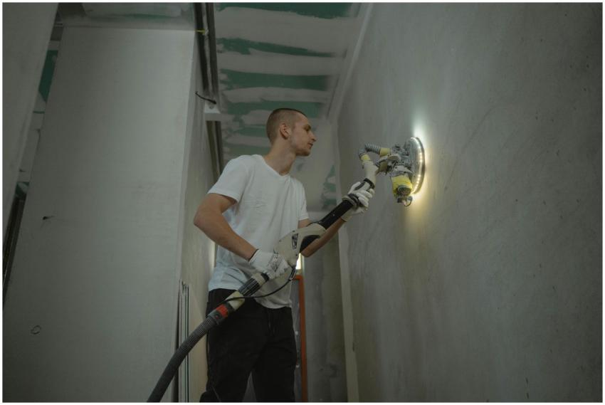 A man sanding an interior wall with an automatic s