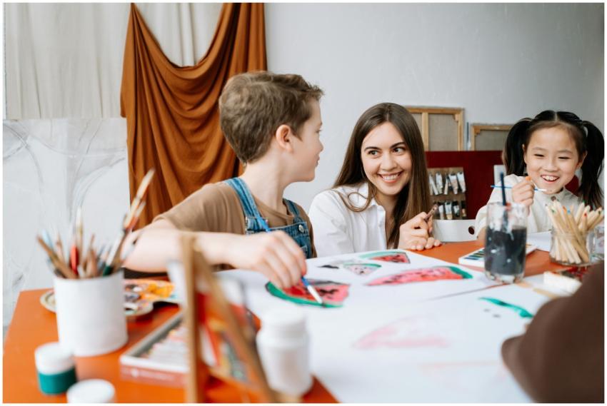 Children and teacher engaged in a fun art workshop