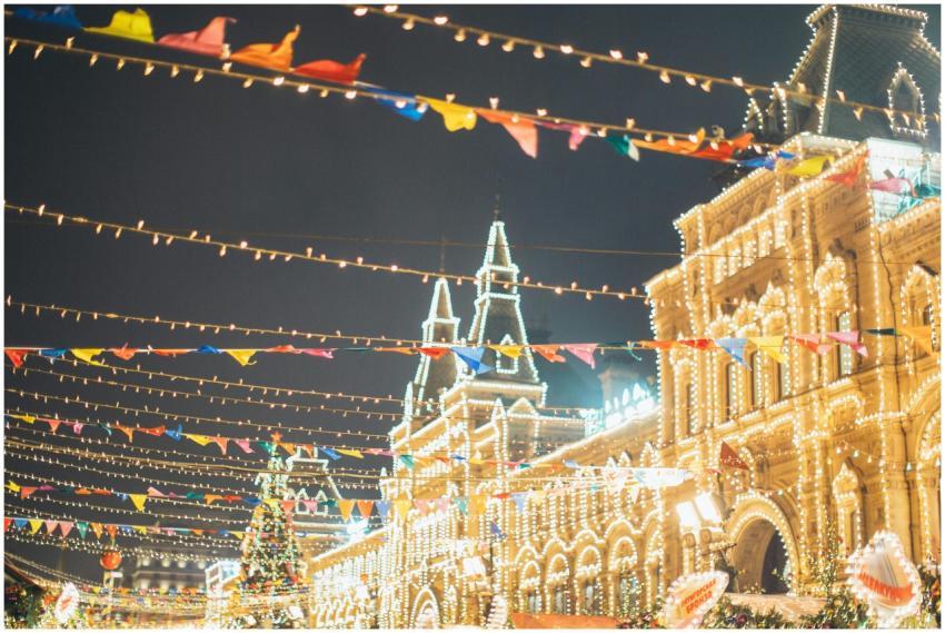 Vibrant Christmas lights and festive atmosphere in
