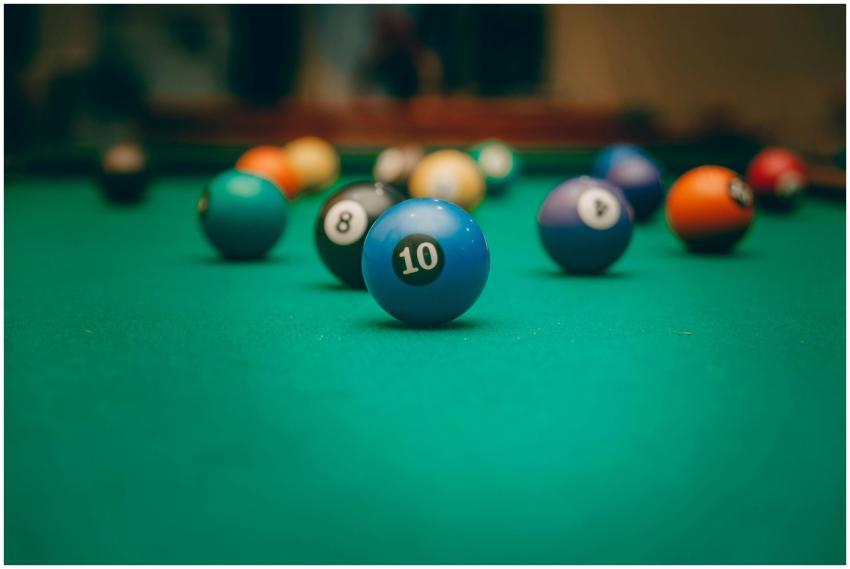 Colorful billiard balls set for a game on a green