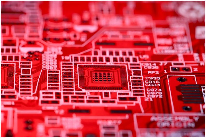 Detailed macro shot of a red circuit board showcas