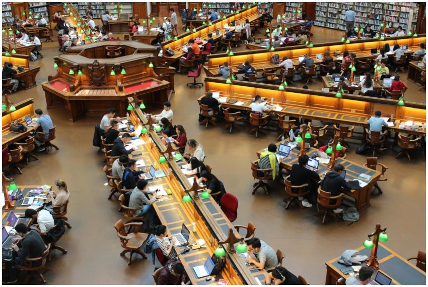 A lively university library scene with students st