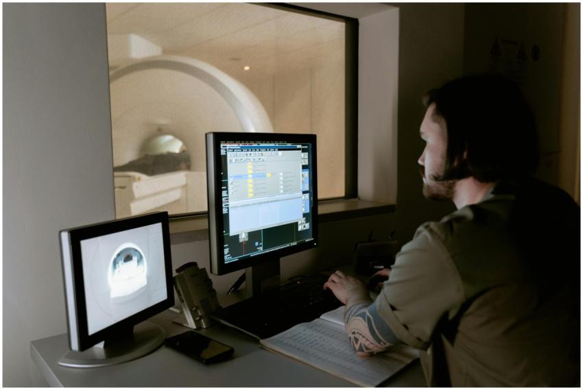 A radiologist examines MRI scan results on compute
