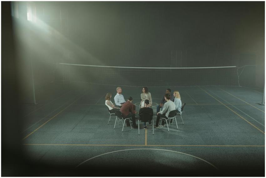 A group therapy session with participants seated i