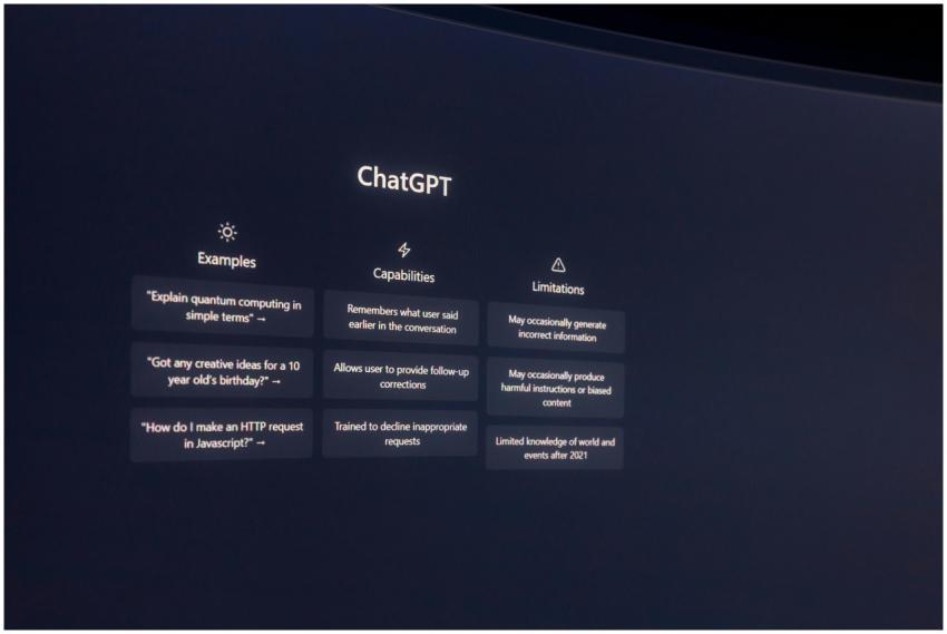 Screen displaying ChatGPT examples, capabilities,