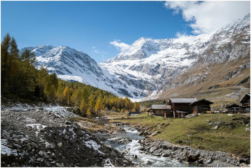 Charming alpine village with rustic cabins and sno