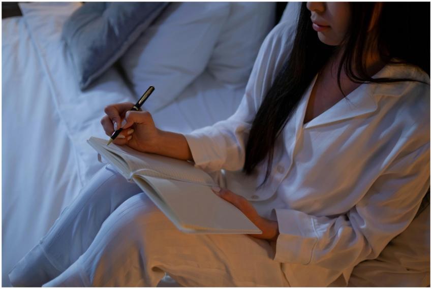 A woman in white pajamas writing in a journal whil