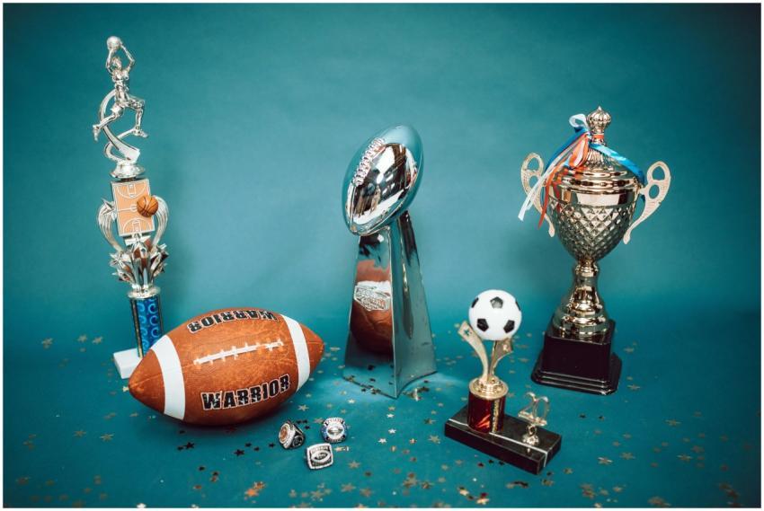 A collection of sports trophies and memorabilia re