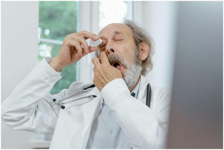 Elderly doctor applying eye drops, emphasizing eye