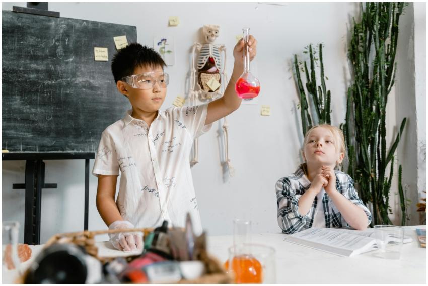 Two children experimenting with chemicals in a cla