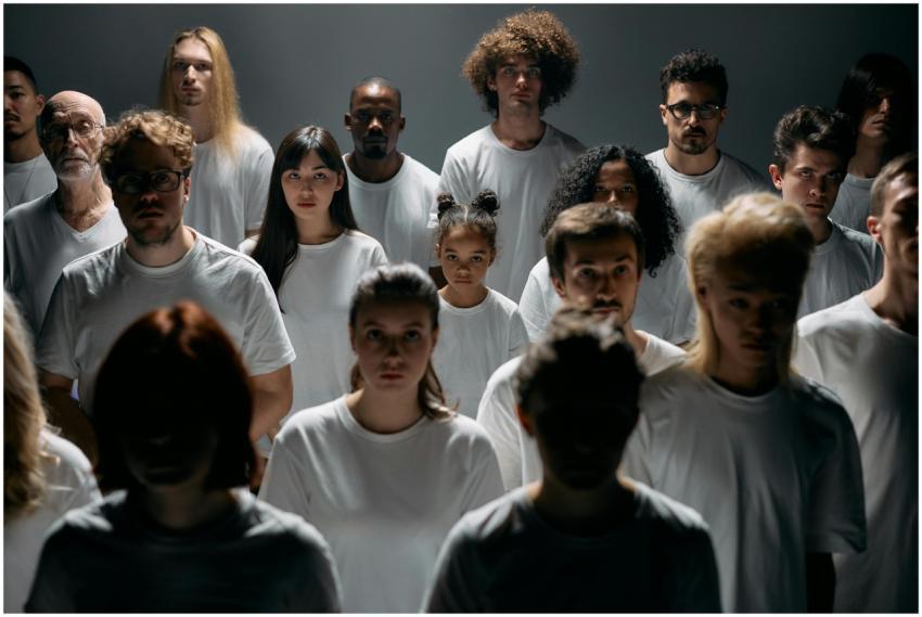 A diverse group of individuals stands together, em