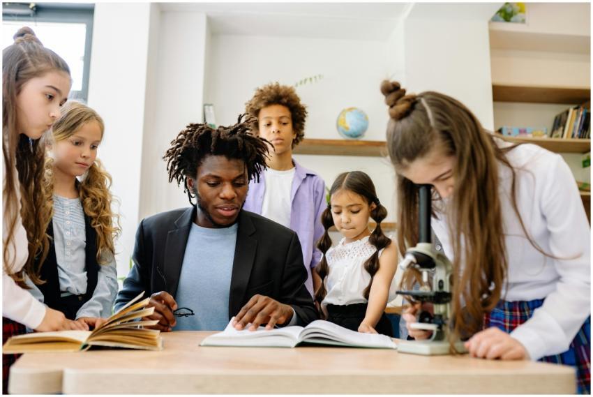 Teacher guides diverse students in classroom scien