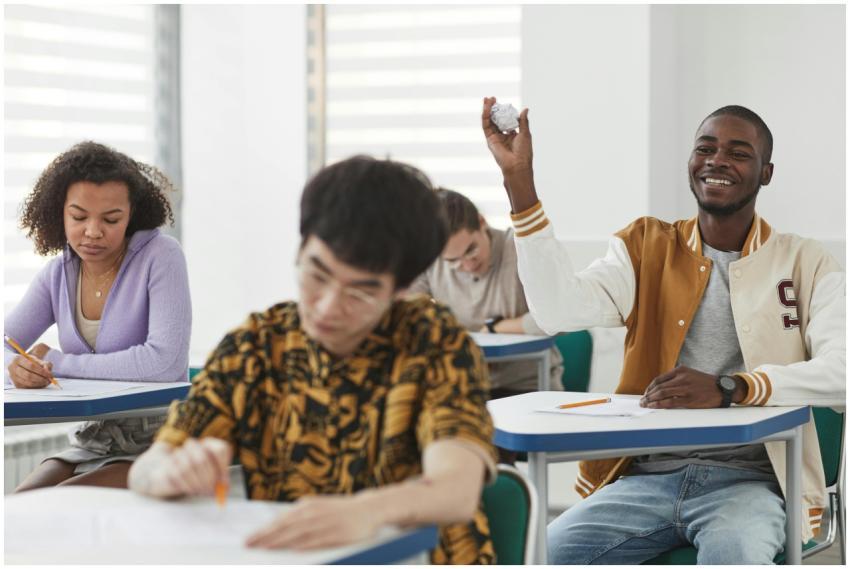 Students taking an exam in a diverse classroom, sh