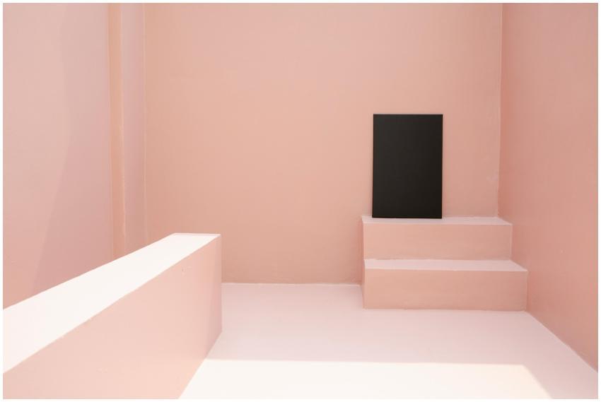 A modern minimalist pink room featuring a black ca